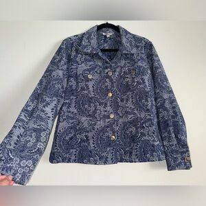 VTG J Bee Womans Jacket Oversized Blue Button Up Floral Cottagecore Tapestry L ✨